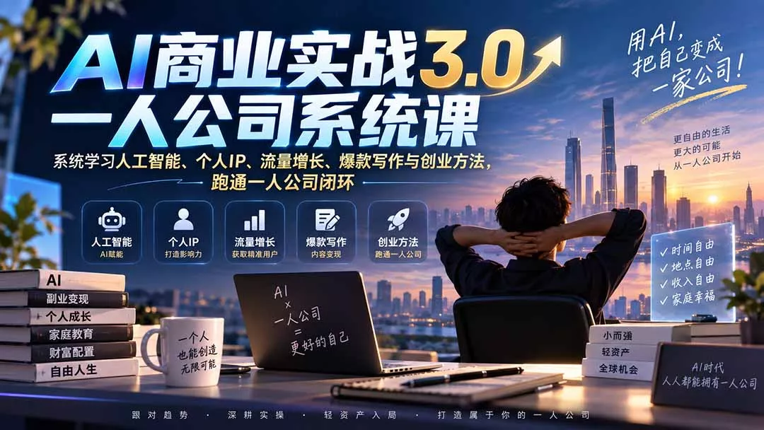 AI商业实战3.0一人公司系统课：系统学习人工智能、个人IP、流量增长、爆款写作与创业方法，跑通一人公司闭环-泡泡网赚