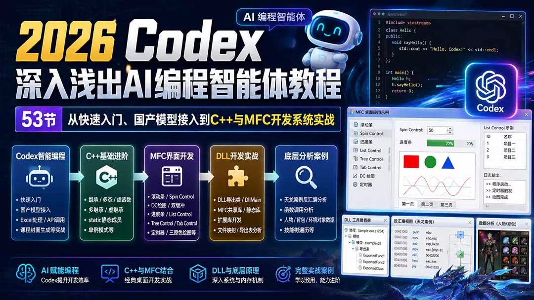 2026 Codex深入浅出AI编程智能体教程：53节从快速入门、国产模型接入到C++与MFC开发系统实战-泡泡网赚