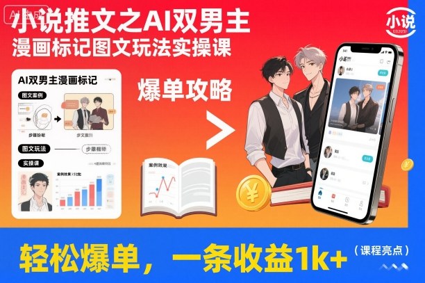 小说推文之AI双男主漫画标记图文玩法实操课，轻松爆单，一条收益1k+-泡泡网赚