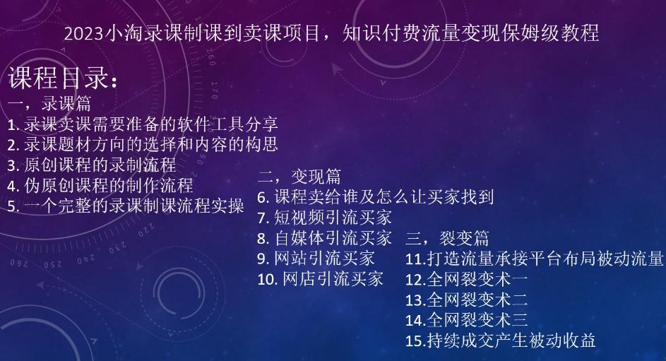2023小淘录课制课到卖课项目，知识付费流量变现保姆级教程-泡泡网赚