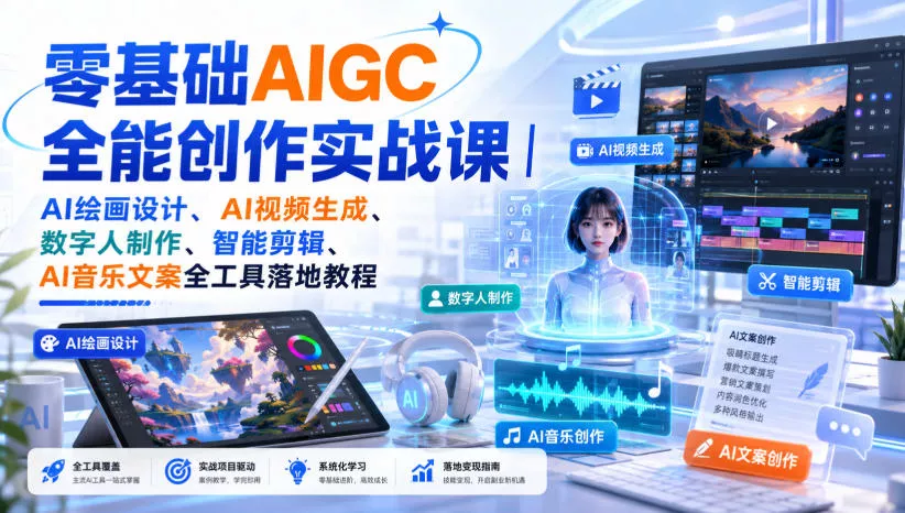 零基础AIGC全能创作实战课｜AI绘画设计、AI视频生成、数字人制作、智能剪辑、AI音乐文案全工具落地教程-泡泡网赚