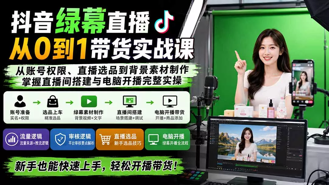 抖音绿幕直播从0到1带货实战课：从账号权限、直播选品到背景素材制作，掌握直播间搭建与电脑开播完整实操-泡泡网赚