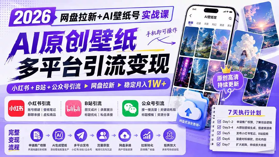 2026网盘拉新+AI壁纸号实战课：AI原创壁纸+小红书+B站+公众号引流，手机即可操作，月入1W+-泡泡网赚