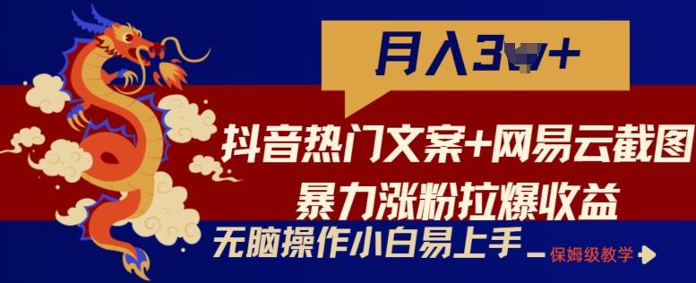 抖音热门文案+网易云截图暴力涨粉拉爆收益玩法，小白无脑操作，简单易上手【揭秘】-泡泡网赚