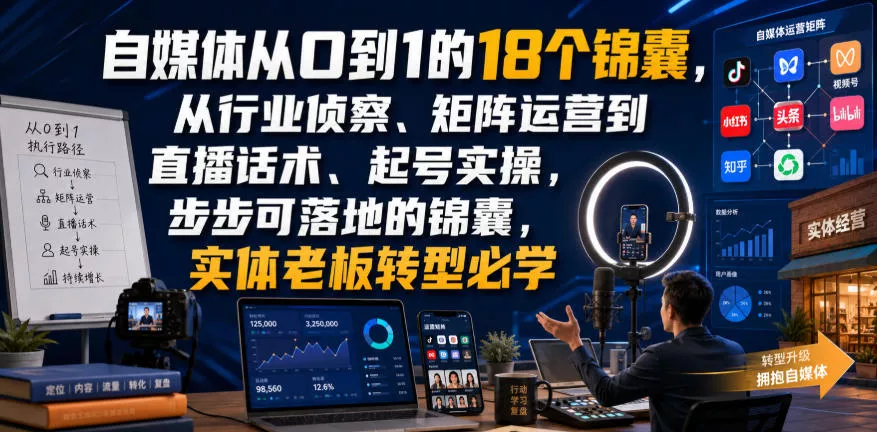 自媒体从0到1的18个锦囊，从行业侦察、矩阵运营到直播话术、起号实操，步步可落地的锦囊，实体老板转型必学-泡泡网赚