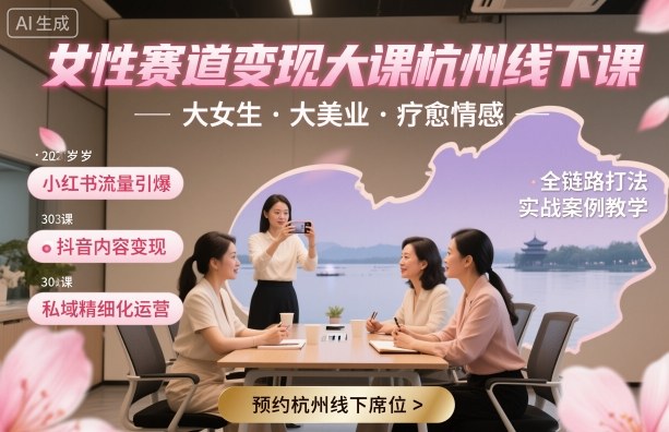 女性赛道变现大课杭州线下，大女生，大美业，疗愈情感，一套小红书、抖音、私域全链路打法-泡泡网赚