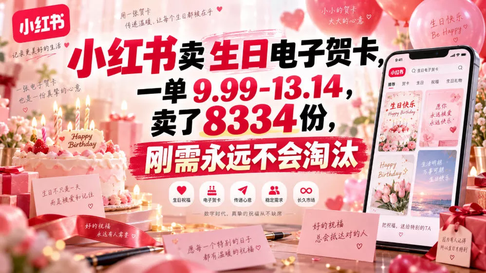 小红书卖生日电子贺卡，一单9.99-13.14，卖了8334份，刚需永远不会淘汰-泡泡网赚