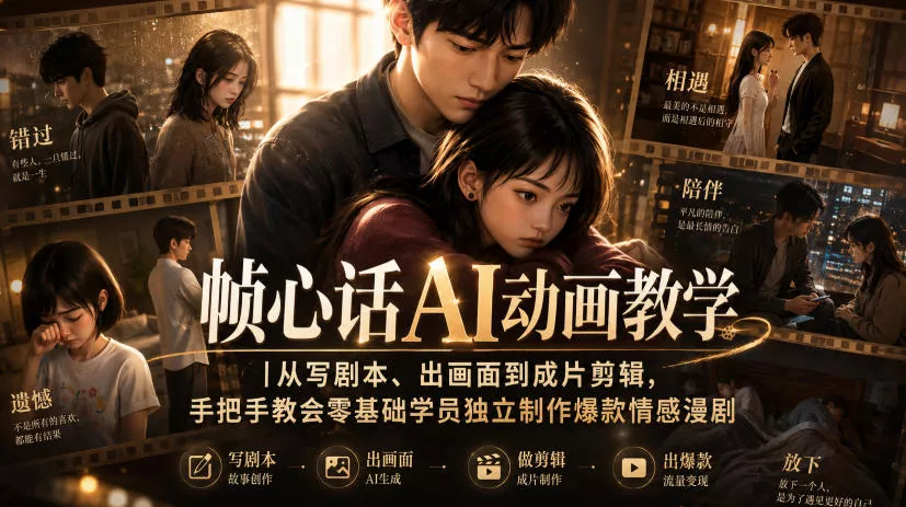 帧心话AI动画教学|从写剧本、出画面到成片剪辑,手把手教会零基础学员独立制作爆款情感漫剧 帧心话AI动画教学|从写剧本、出画面到成片剪辑,手把手教会零基础学员独立制作爆款情感漫剧