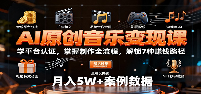 AI原创音乐变现课：学平台认证，掌握制作全流程，解锁7种赚钱路径-泡泡网赚