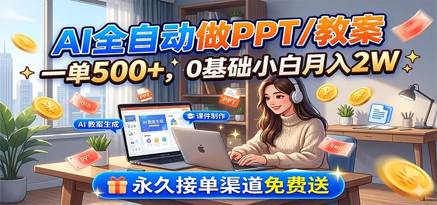 AI全自动做PPT/教案，一单500+，0基础小白月入2W，永久接单渠道免费送-泡泡网赚