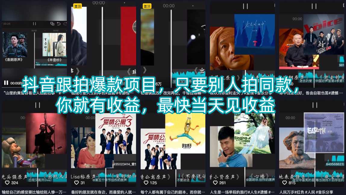 抖音跟拍爆款项目，只要别人拍同款，你就有收益，最快当天见收益-泡泡网赚