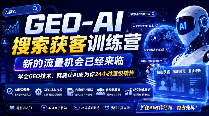 GEO-AI搜索获客训练营，新的流量机会已经来临，学会GEO技术，就能让AI成为你24小时超级销售-泡泡网赚