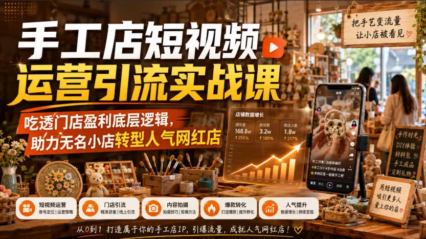 手工店短视频运营引流实战课，吃透门店盈利底层逻辑，助力无名小店转型人气网红店-泡泡网赚