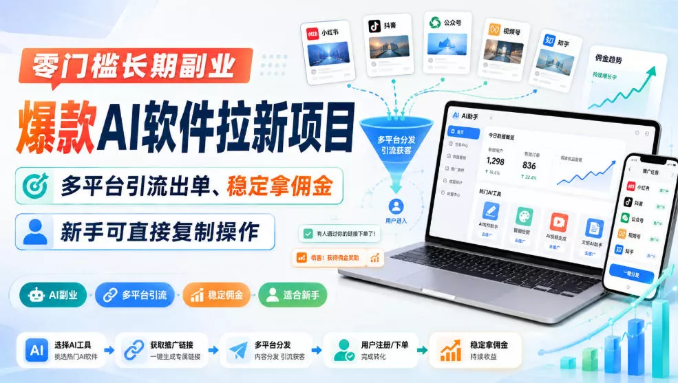 零门槛长期副业，爆款AI软件拉新项目，多平台引流出单、稳定拿佣金，新手可直接复制操作-泡泡网赚