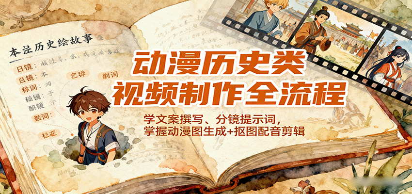 图片[1]客创社区-专注互联网轻资产资源整合与分享动漫历史类视频制作全流程，学文案撰写、分镜提示词，掌握动漫图生成+抠图配音剪辑客创社区-专注互联网轻资产资源整合与分享客创社区-专注互联网轻资产资源整合与分享
