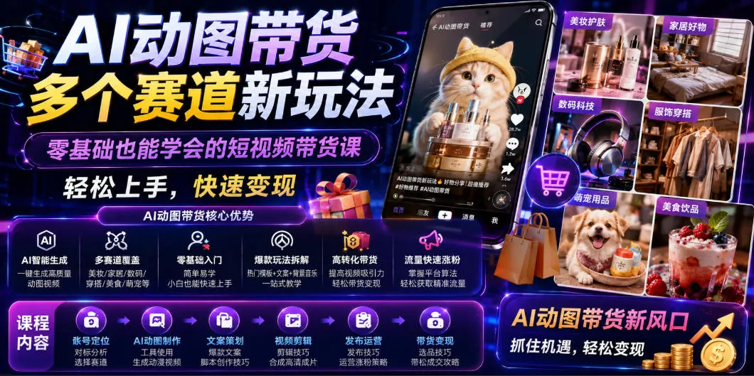 AI动图带货多个赛道新玩法，零基础也能学会的短视频带货课，轻松上手，快速变现-泡泡网赚
