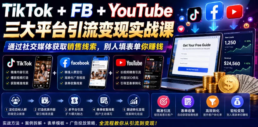 TikTok+FB+YouTube三大平台引流变现实战课，通过社交媒体获取销售线索，别人填表单你賺钱【原创双语字幕】-泡泡网赚