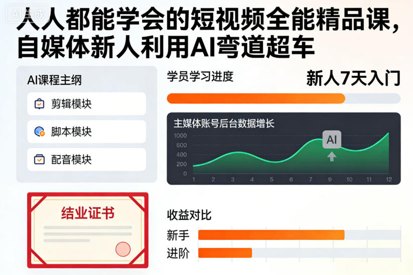 人人都能学会的短视频全能精品课，自媒体新人利用AI弯道超车-泡泡网赚