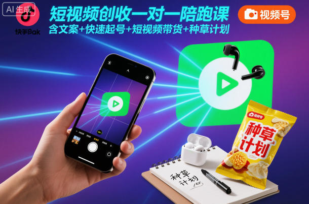 短视频创收一对一陪跑课，含文案+快速起号+短视频带货+种草计划-泡泡网赚