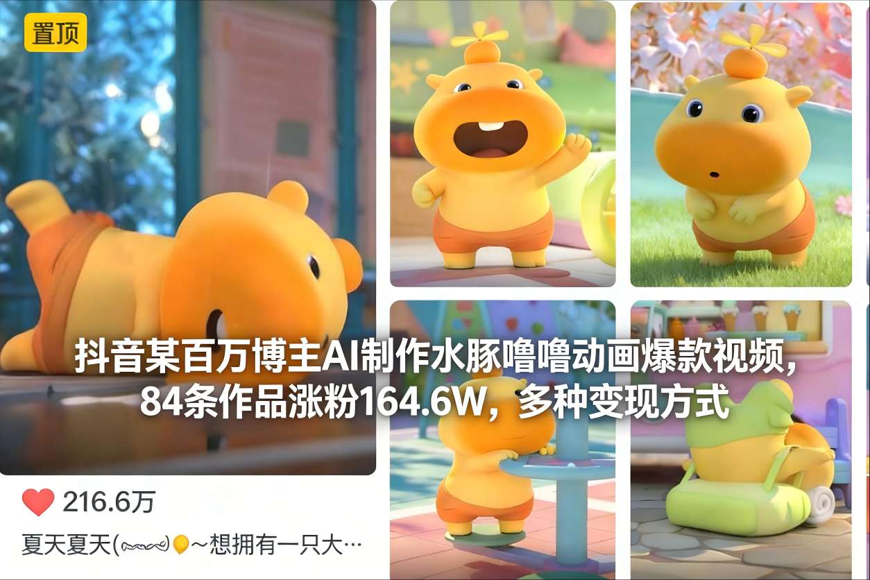 抖音某百万博主AI制作水豚噜噜动画爆款视频，84条作品涨粉164.6W，多种变现方式-泡泡网赚
