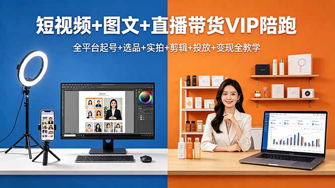 短视频+图文+直播带货VIP陪跑，全平台起号+选品+实拍+剪辑+投放+变现全教学-泡泡网赚