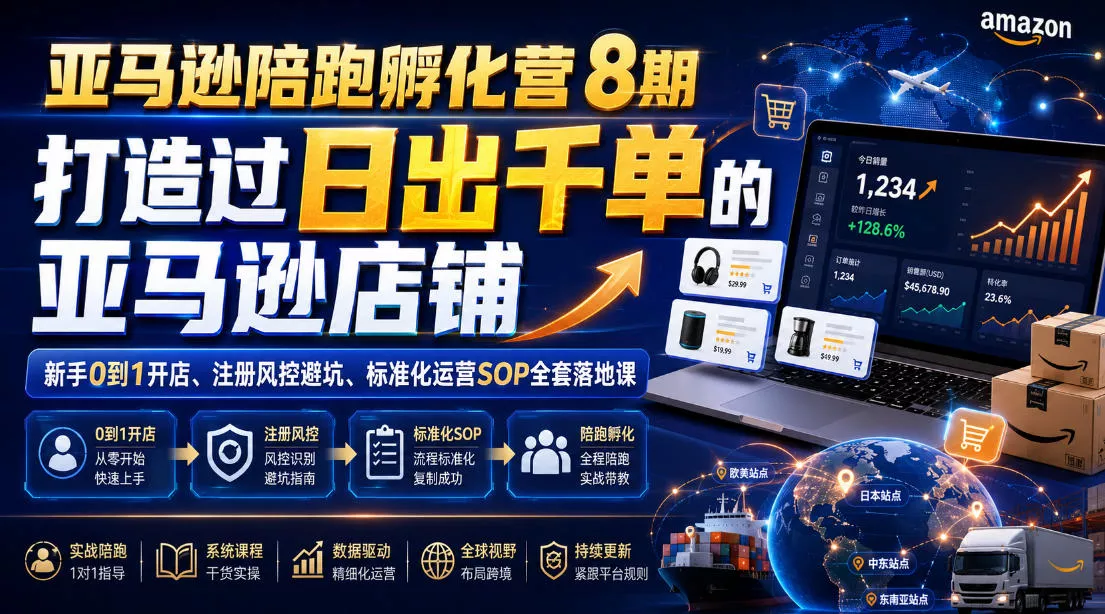 亚马逊陪跑孵化营8期，打造过日出千单的亚马逊店铺，新手0到1开店、注册风控避坑、标准化运营SOP全套落地课-泡泡网赚
