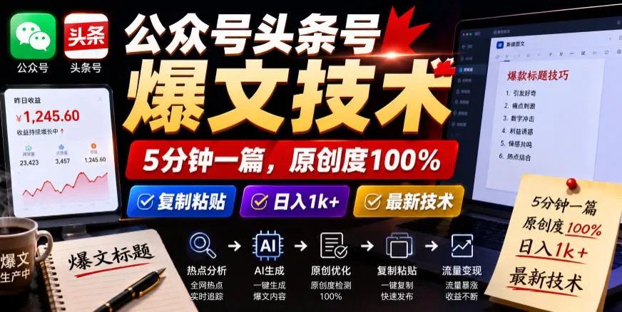 公众号头条号爆文技术，5分钟一篇，原创度100%，复制粘贴，日入1k+，最新技术【揭秘】-泡泡网赚