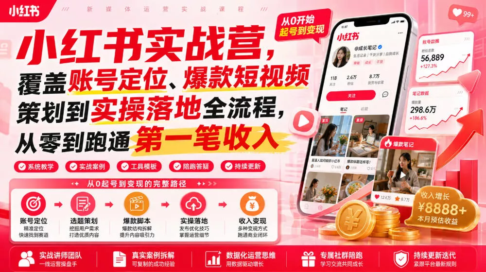 小红书实战营，覆盖账号定位、爆款短视频策划到实操落地全流程，从零到跑通第一笔收入-泡泡网赚