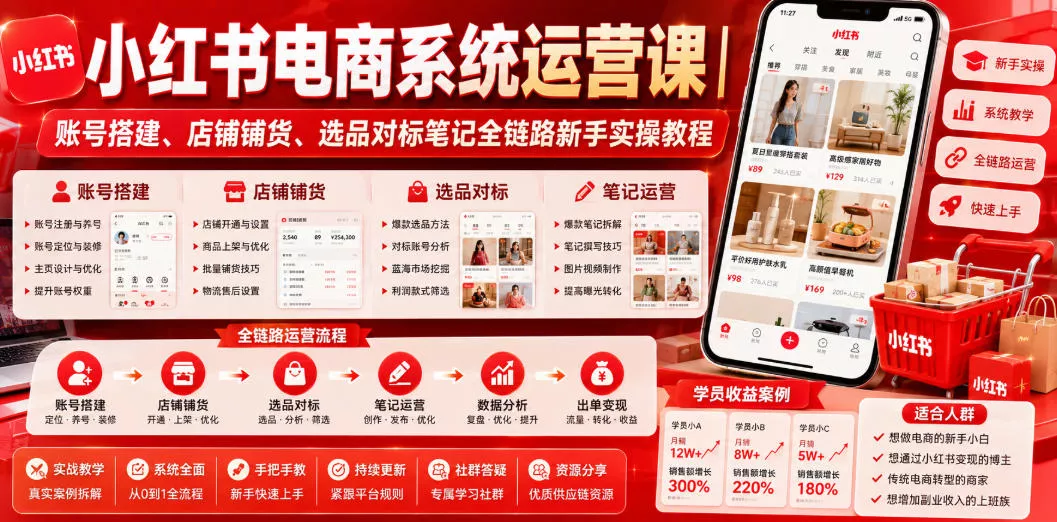 小红书电商系统运营课｜账号搭建、店铺铺货、选品对标笔记全链路新手实操教程-泡泡网赚