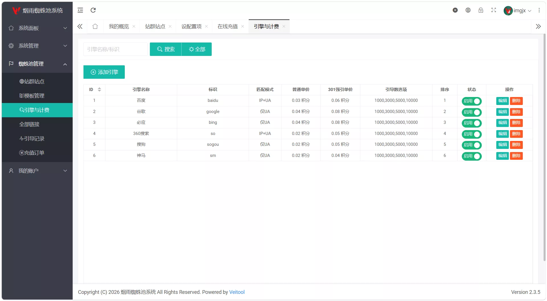 最新多用户站群蜘蛛池/SaaS系统/积分/六大引擎计费/易支付对接 最新多用户站群蜘蛛池/SaaS系统/积分/六大引擎计费/易支付对接