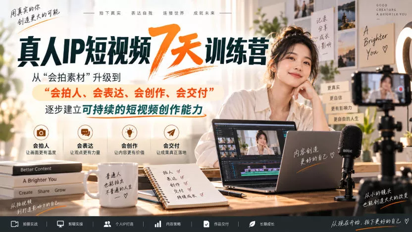 真人IP短视频7天训练营，从“会拍素材”升级到“会拍人、会表达、会创作、会交付”，逐步建立可持续的短视频创作能力-泡泡网赚