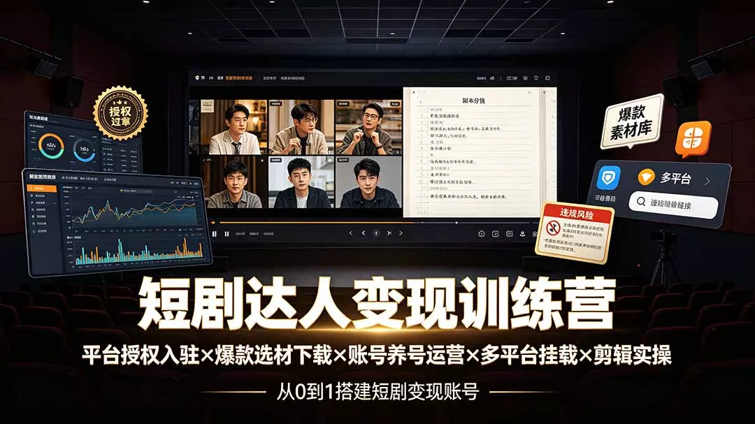 短剧达人变现训练营：平台授权入驻×爆款选材下载×账号养号运营×多平台挂载×剪辑实操×违规处理全流程-泡泡网赚