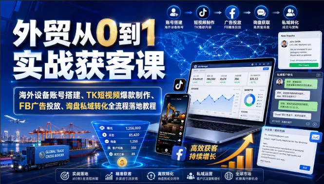 外贸从0到1实战获客课｜海外设备账号搭建、TK短视频爆款制作、FB广告投放、询盘私域转化全流程落地教程-泡泡网赚