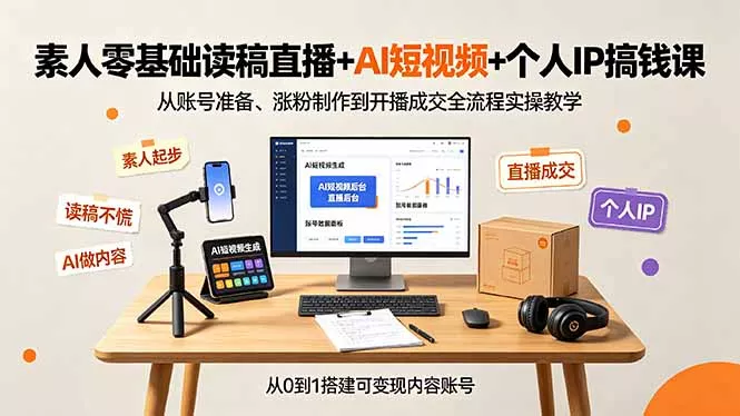 素人零基础读稿直播+AI短视频+个人IP搞钱课，从账号准备、涨粉制作到开播成交全流程实操教学-泡泡网赚
