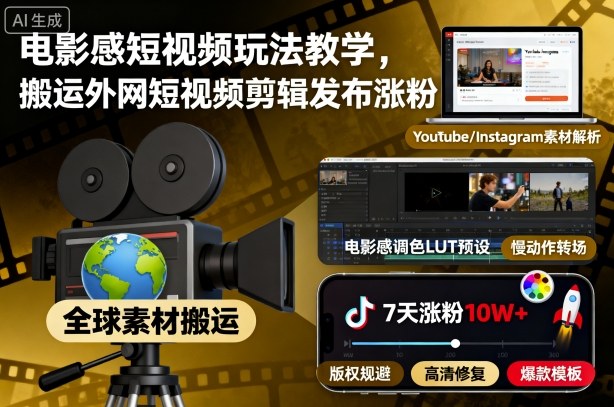 电影感短视频玩法教学，搬运外网短视频剪辑发布涨粉-泡泡网赚