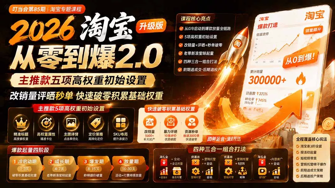 2026淘宝从零到爆2.0第85期；主推款五项高权重初始设置，改销量评晒秒单快速破零积累基础权重-泡泡网赚