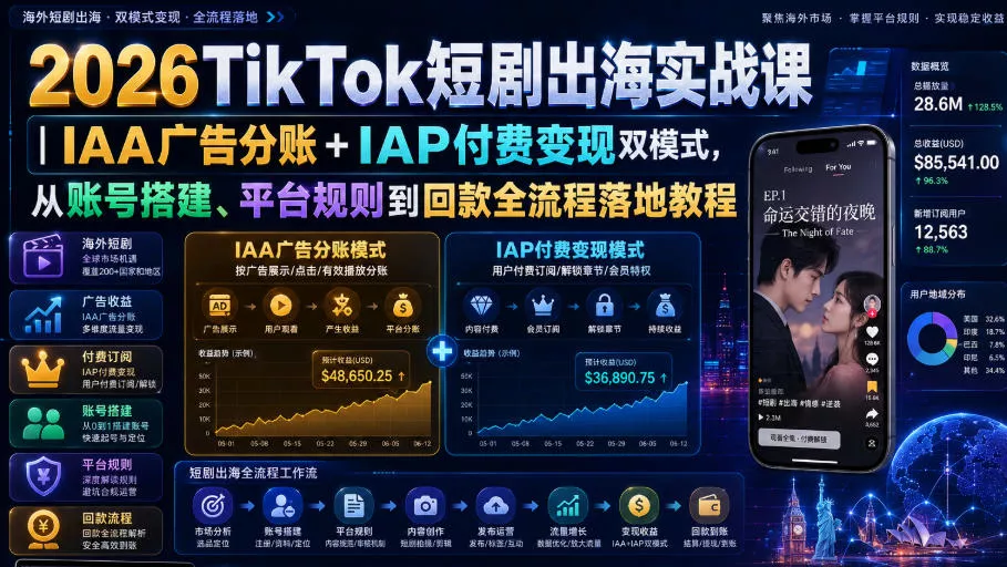 2026TikTok短剧出海实战课｜IAA广告分账+IAP付费变现双模式，从账号搭建、平台规则到回款全流程落地教程-泡泡网赚