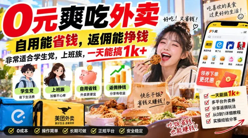 0元爽吃外卖，自用能省钱，返佣能挣钱，非常适合学生党，上班族，一天能搞1k+-泡泡网赚