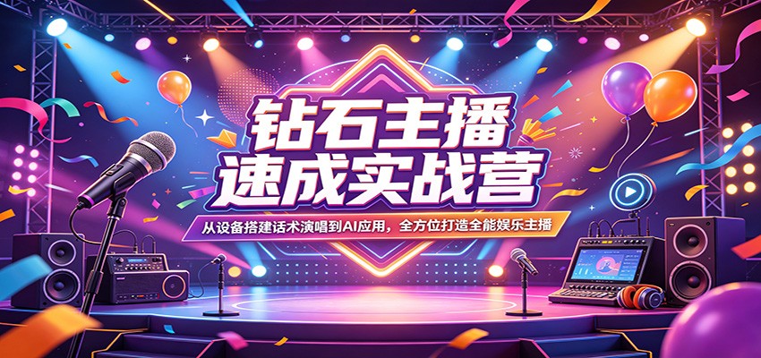钻石主播速成实战营：从设备搭建话术演唱到AI应用，全方位打造全能娱乐主播-泡泡网赚