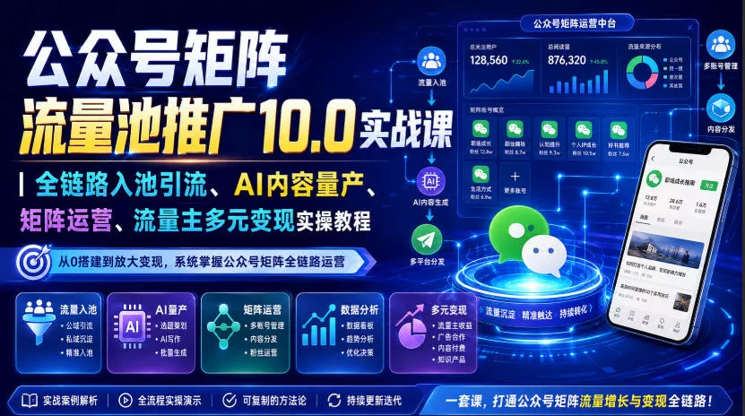 公众号矩阵流量池推广10.0实战课｜全链路入池引流、AI内容量产、矩阵运营、流量主多元变现实操教程-泡泡网赚