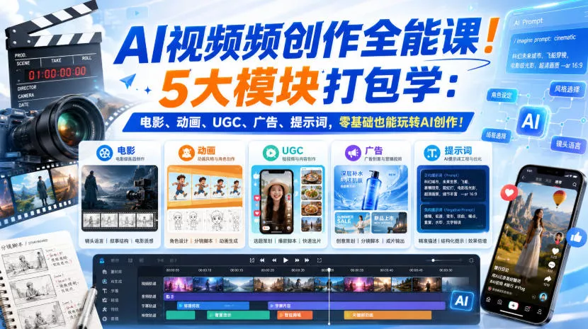AI视频频创作全能课！5大模块打包学：电影、动画、UGC、广告、提示词，零基础也能玩转AI创作！【原创双语字幕】-泡泡网赚