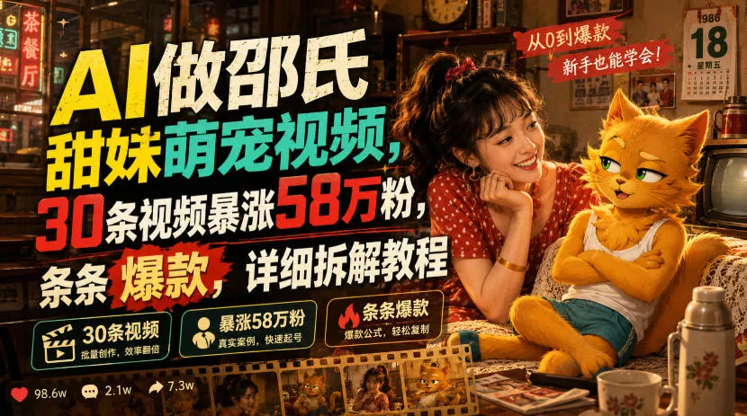 AI做邵氏甜妹萌宠视频，30条视频暴涨58万粉，条条爆款，详细拆解教程-泡泡网赚