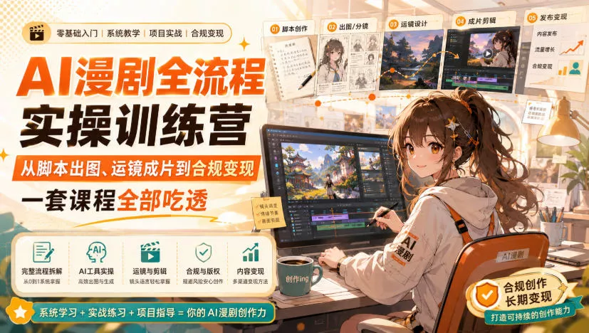 AI漫剧全流程实操训练营，从脚本出图、运镜成片到合规变现，一套课程全部吃透-泡泡网赚