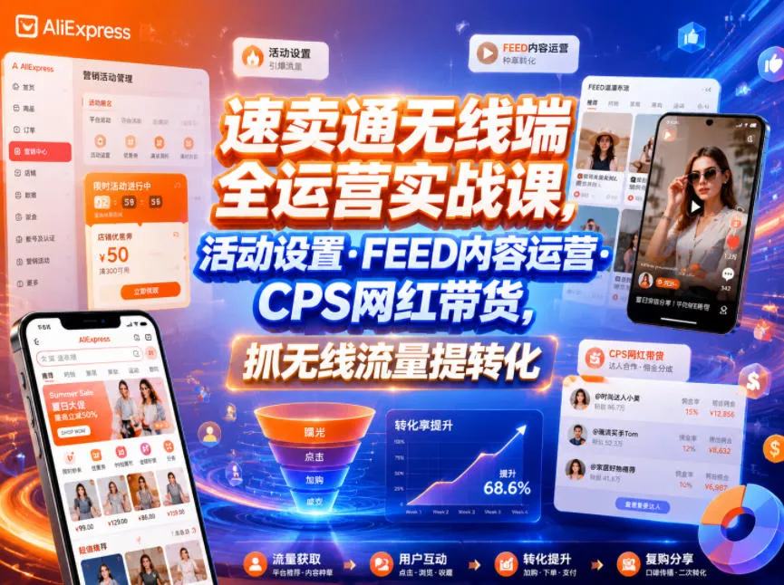 速卖通无线端全运营实战课，活动设置・FEED内容运营・CPS网红带货，抓无线流量提转化-泡泡网赚