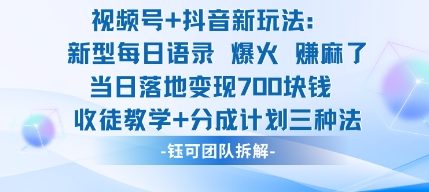视频号加抖音新玩法：爆火新型每日语录，收徒教学加分成计划，三种变现玩法，当日变现7张-泡泡网赚