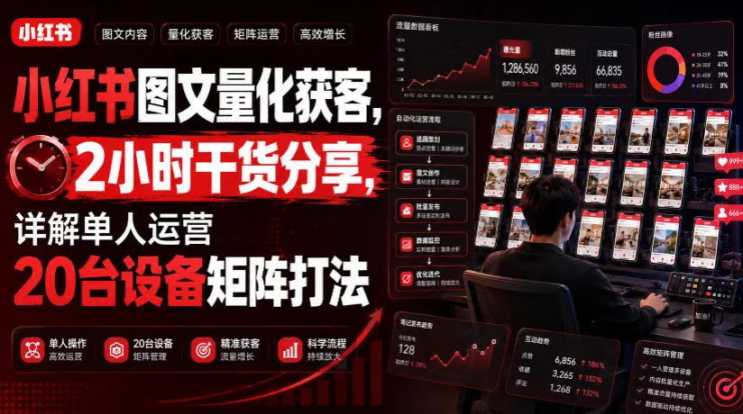 小红书图文量化获客，2小时干货分享，详解单人运营20台设备矩阵打法-泡泡网赚