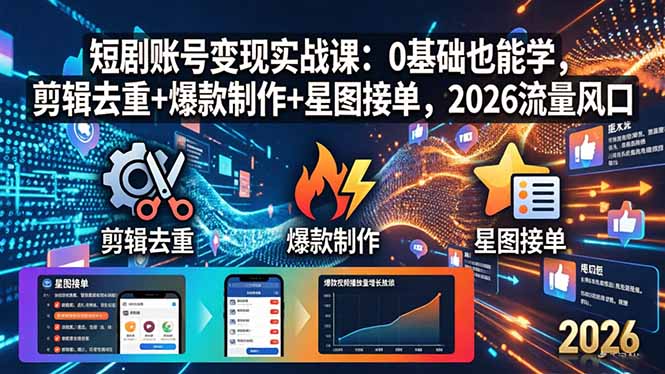 短剧账号变现实战课：0基础也能学，剪辑去重+爆款制作+星图接单，2026流量风口-泡泡网赚