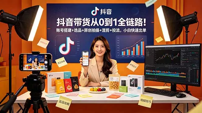 抖音带货从0到1全链路！账号搭建+选品+原创拍摄+混剪+投流，小白快速出单-泡泡网赚