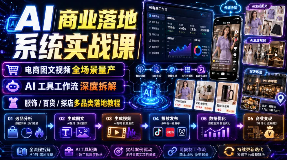 AI商业落地系统实战课｜电商图文视频全场景量产・AI工具工作流深度拆解・服饰/百货/探店多品类落地教程-泡泡网赚