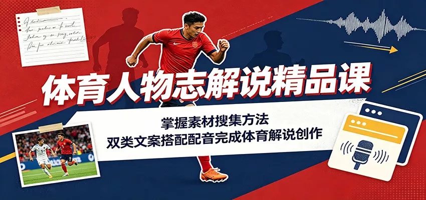 体育人物志解说精品课：掌握素材搜集方法，双类文案搭配配音完成体育解说创作-泡泡网赚